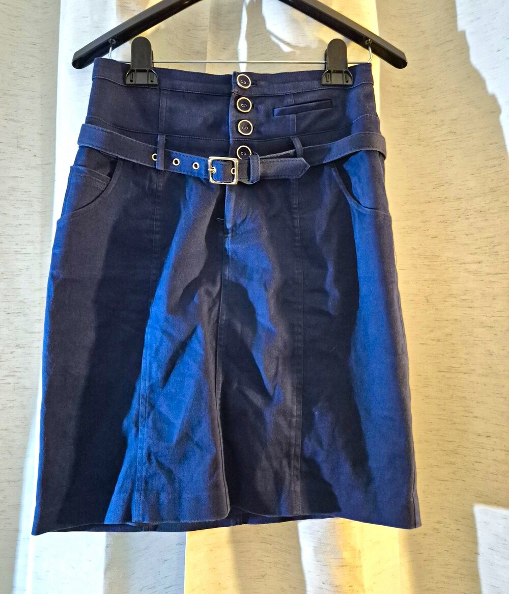 bebe Womens 6 Blue Solid Twill Knee Length A-Line Skirt Button Front Belted